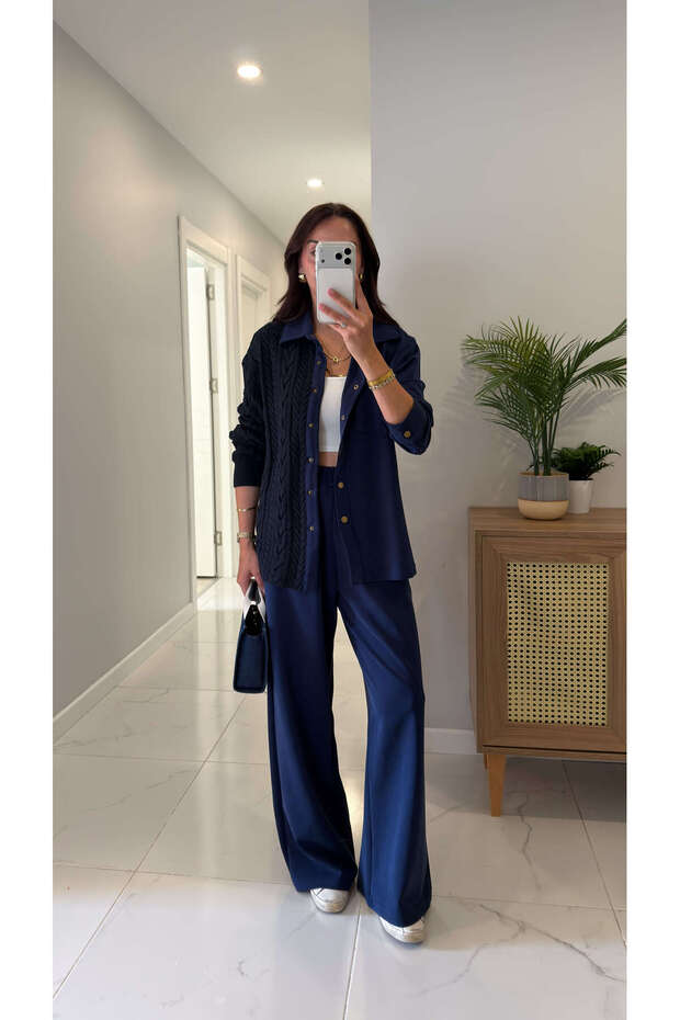 Noris Navy Blue Knit Detailed Knitwear Pants Set