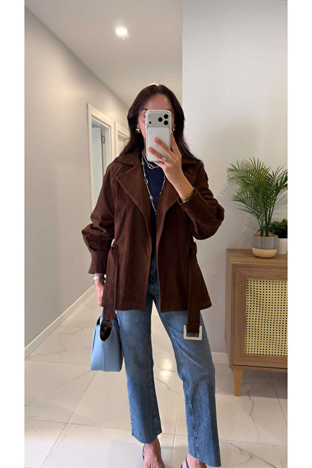 Golle Kahve Reklan Sleeve Suede Belted Jacket
