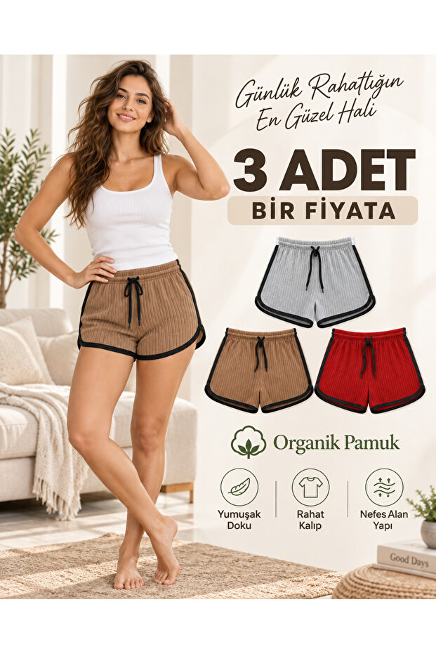 | Super 3-Piece Shorts with Side Stripes and Black Piping (Melange Grey, Tan Beige, Brick Red)