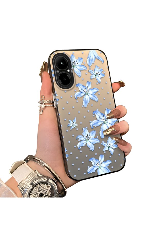 Realme C67 4g Compatible Acrylic Hard Back Panel with Silicone Edges Blue Flower Printed Phone Case