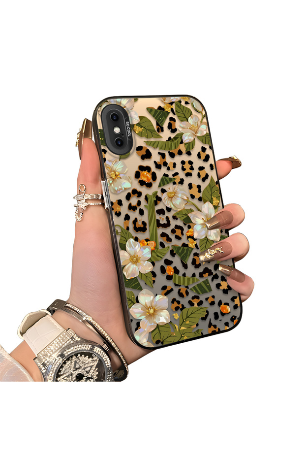 iPhone X/Xs Compatible Aesthetic Floral-Leopard Pattern Case Acrylic Hard Back Silicone Edge