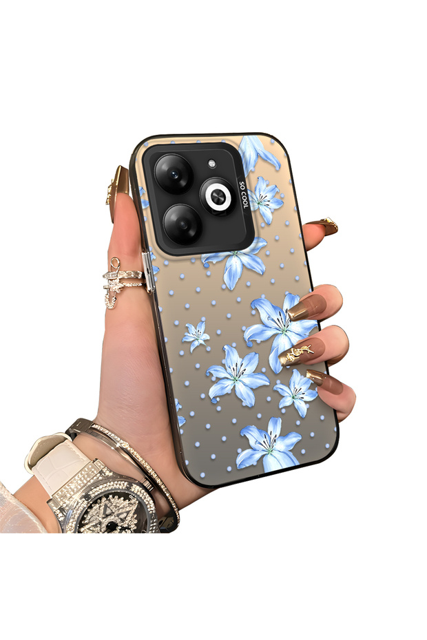 Infinix Hot 40I Compatible Acrylic Hard Back Panel with Silicone Edges Blue Flower Printed Phone Case
