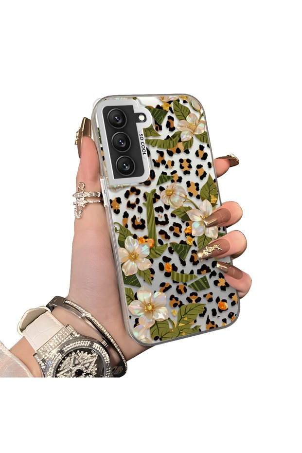 Samsung Galaxy S22 Compatible Aesthetic Floral-Leopard Pattern Case Acrylic Hard Back Silicone Edge