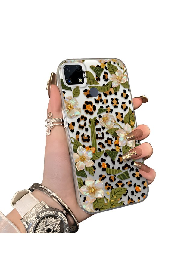 Realme C15/C25/C25S Compatible Aesthetic Floral-Leopard Pattern Case Acrylic Hard Back Silicone Edge