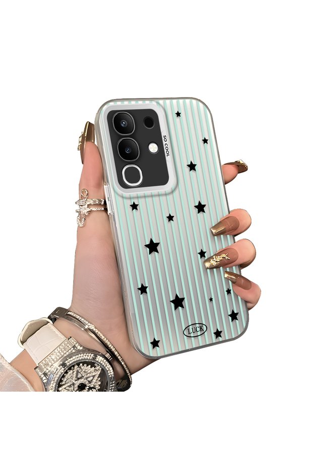 Vivo Y29 4g(V2434) Compatible Edge Striped Black Star Pattern Protective Case Acrylic Hard Back Silicon Edge