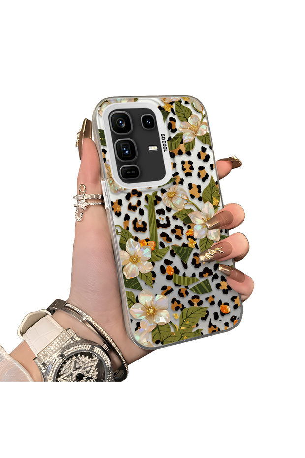 حافظة Infinix Note 50 Pro Plus المتوافقة مع نمط الزهور والفهد، مصنوعة من الأكريليك الصلب وحافة من السيليكون