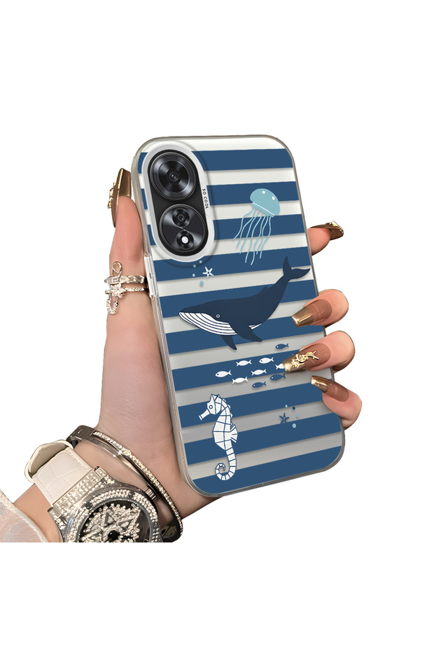 Oppo A60 Compatible Sea Creatures Whale Horse Seahorse Patterned Case Acrylic Back Cover Silicone Edge