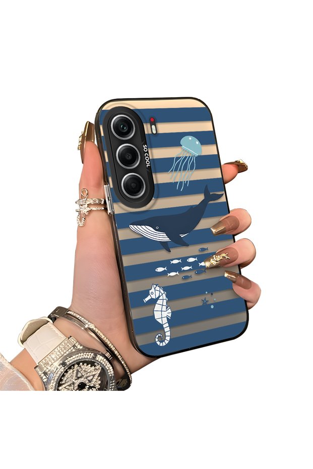 Tecno Camon 40 Pro 5g(Cm7) Compatible Sea Creatures Whale Horse Seahorse Patterned Case Acrylic Back Cover Silicone Edge