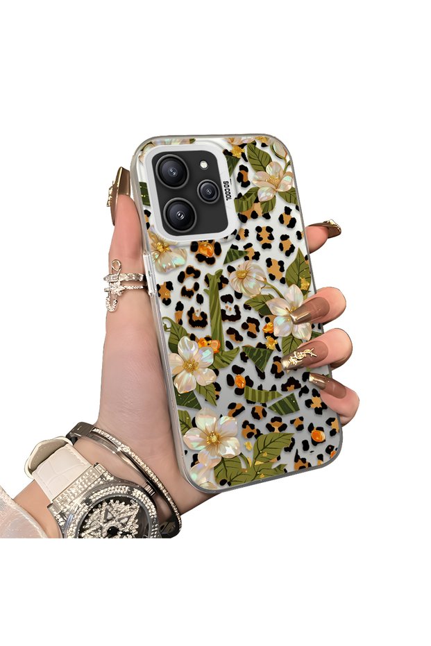 Xiaomi Redmi 12 4G/5G Compatible Aesthetic Flower-Leopard Pattern Case Acrylic Hard Back Silicone Edge
