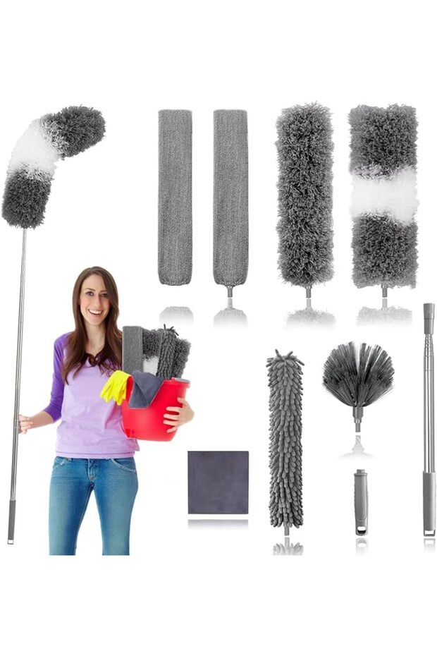 Dusters for Cleaning,9Pcs Feather Duster with Extension Pole Up to 100'',Bendable Extendable Long Fe
