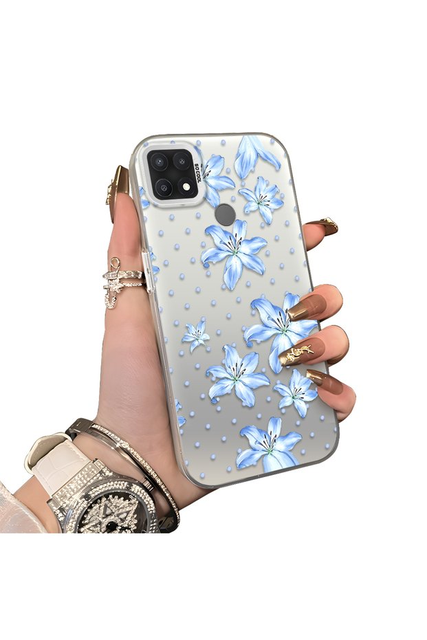 Oppo A15/A15S Compatible Acrylic Hard Back Panel with Silicone Edges Blue Flower Printed Phone Case