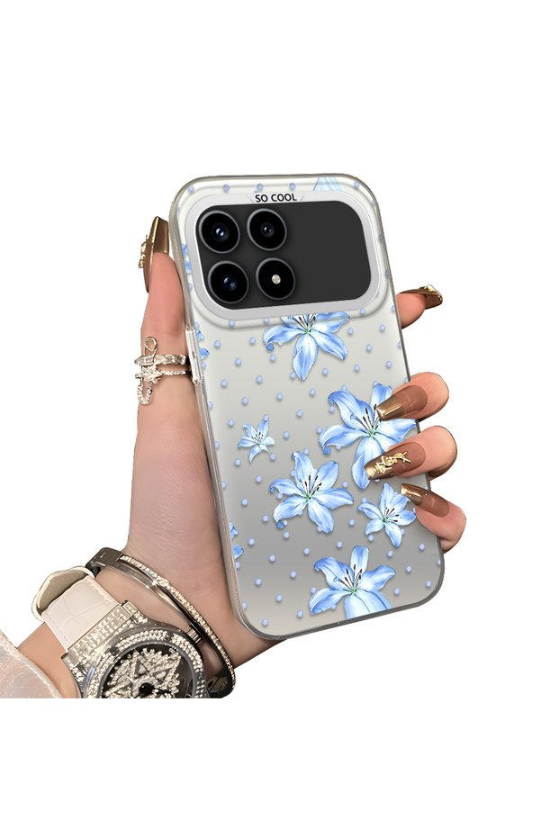 Xiaomi Redmi K90 5g Compatible Acrylic Hard Back Panel with Silicone Edges Blue Flower Print Phone Case