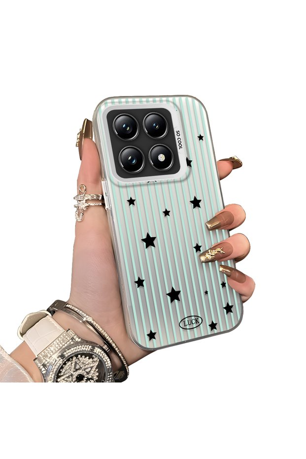 Xiaomi Mi 14t Pro Compatible Edge Striped Black Star Pattern Protective Case Acrylic Hard Back Silicone Edge