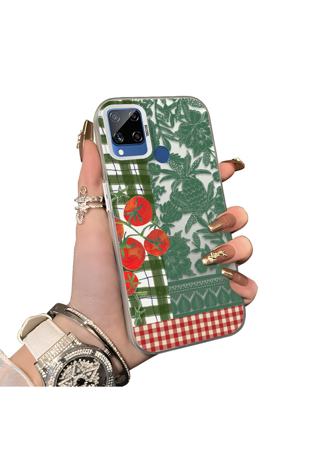 Realme C15/C25/C25S Compatible Acrylic Hard Back Panel with Silicone Edges Vegetable Flower Pattern Phone Case