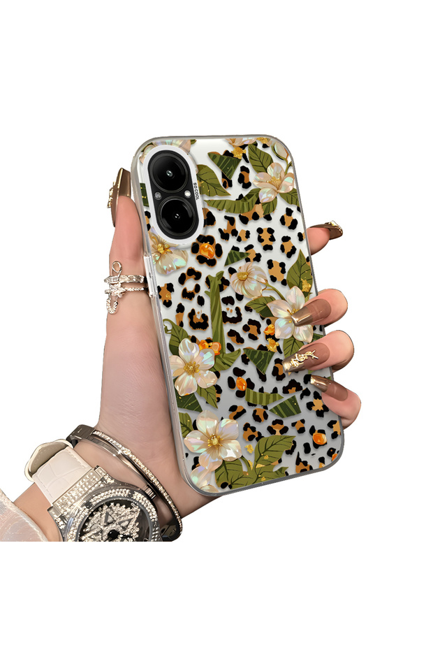 Realme C67 4g Compatible Aesthetic Floral-Leopard Pattern Case Acrylic Hard Back Silicone Edge