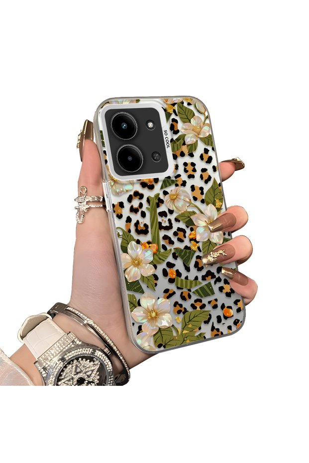 Xiaomi Redmi 15C 4g Compatible Aesthetic Floral-Leopard Pattern Case Acrylic Hard Back Silicone Edge
