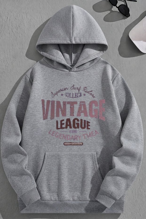 Unisex 3 Thread Cotton Gray Vintageleage Print Loose Fit Sweatshirt Hoodie