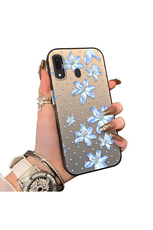 Samsung Galaxy A30/A20 Compatible Acrylic Hard Back Panel with Silicone Edges Blue Flower Print Phone Case