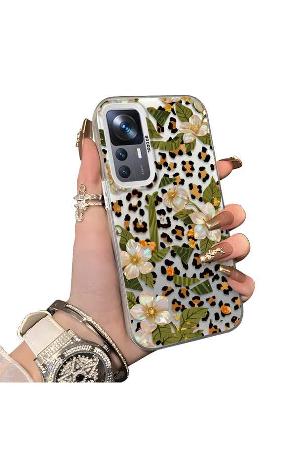 Xiaomi Mi 12T/12T Pro Compatible Aesthetic Floral-Leopard Pattern Case Acrylic Hard Back Silicone Edge