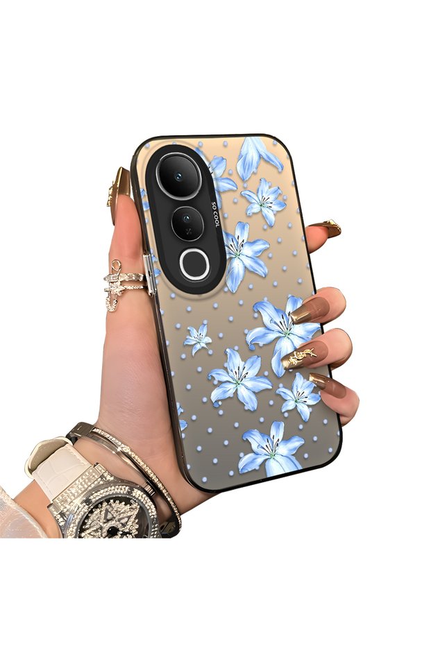 Blue Flower Printed Phone Case for Vivo V50 Lite 4G/5G Compatible Acrylic Hard Back Panel with Silicone Edges