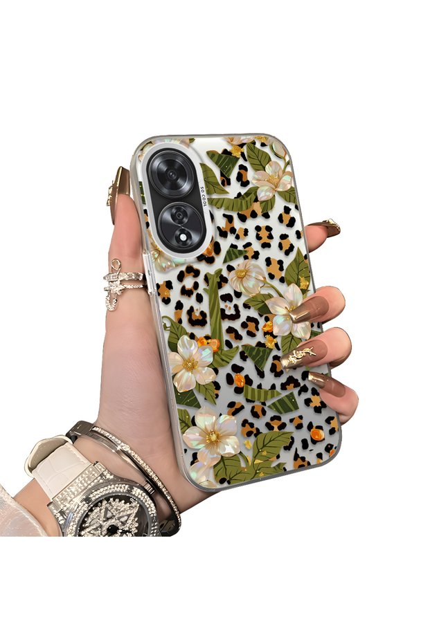 Oppo A60 Compatible Aesthetic Floral-Leopard Pattern Case Acrylic Hard Back Silicone Edge