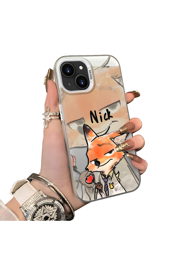 iPhone 15 Compatible Cartoon Fox Nick Pattern Case Acrylic Hard Back Silicone Edge