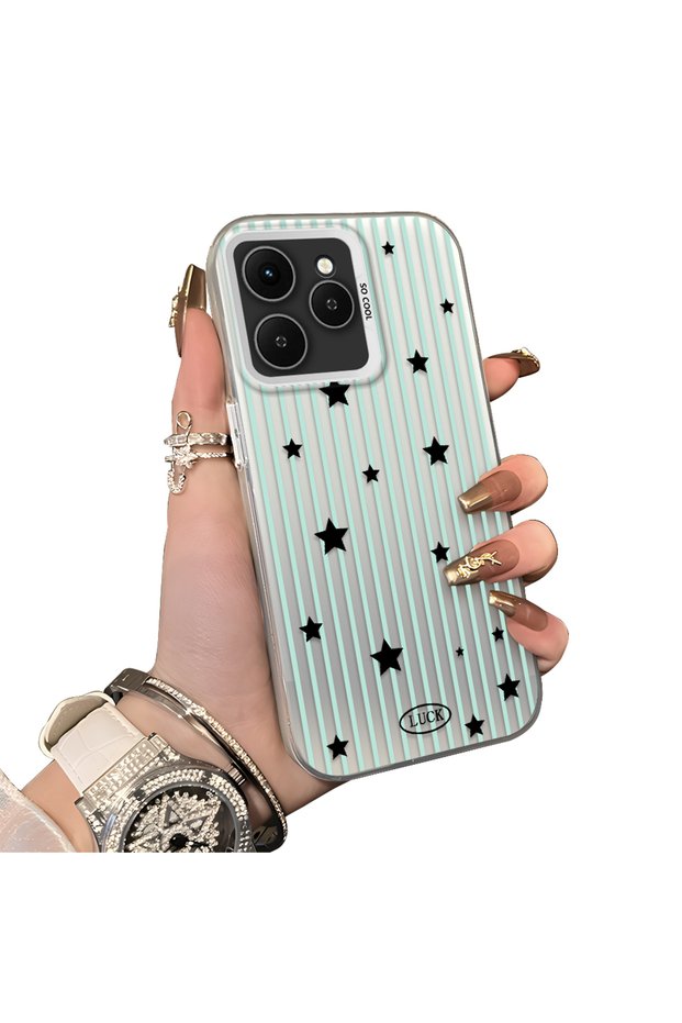 Tecno Spark 40 Compatible Edge Striped Black Star Pattern Protective Case Acrylic Hard Back Silicone Edge