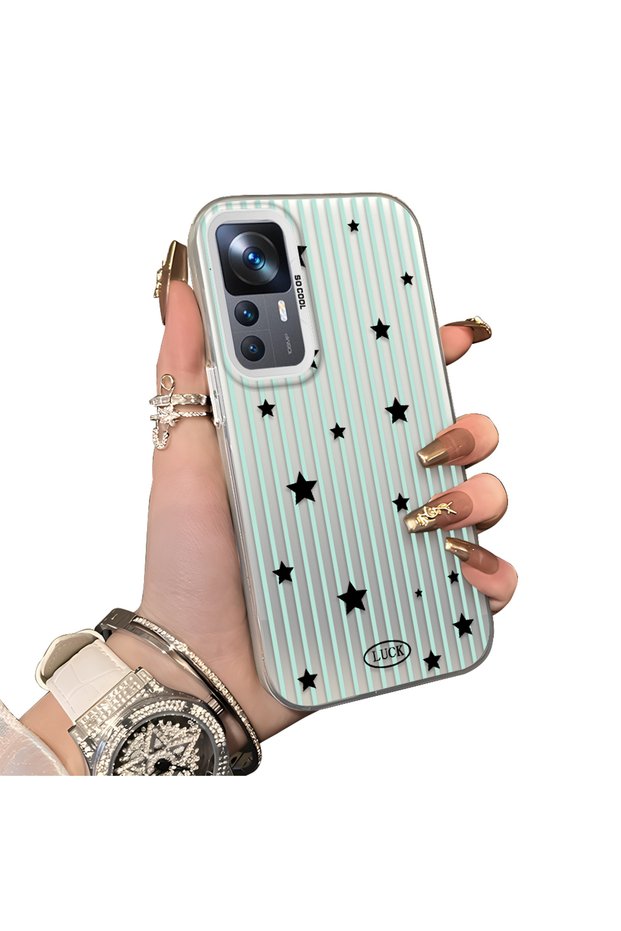 Xiaomi Mi 12T/12T Pro Compatible Edge Striped Black Star Pattern Protective Case Acrylic Hard Back Silicone Edge