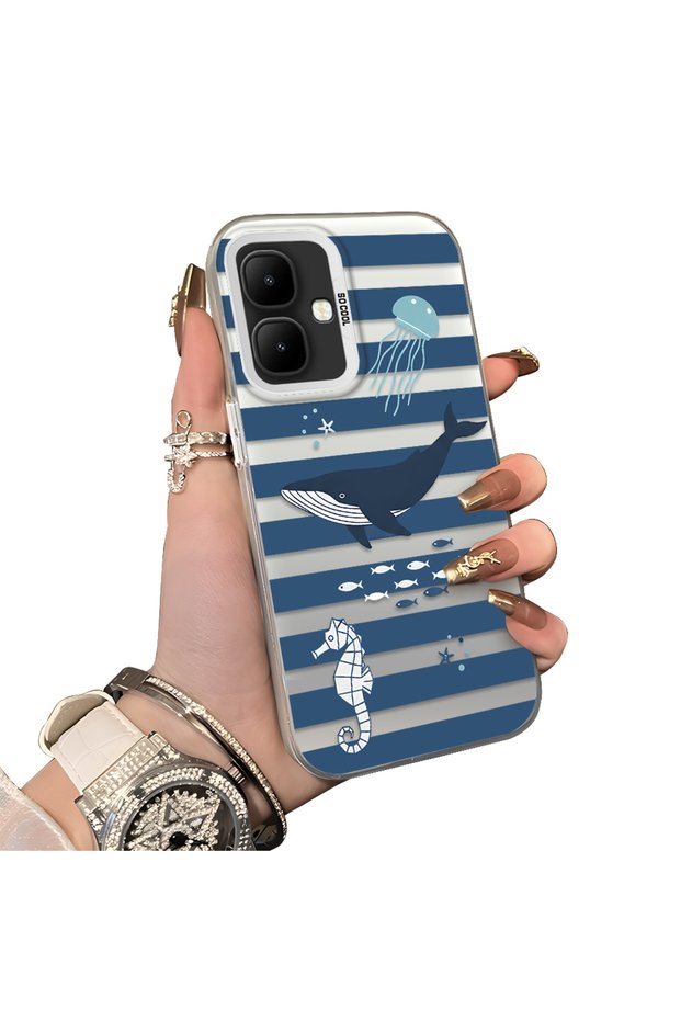 Infinix Smart 10 Compatible Sea Creatures Whale Horse Seahorse Patterned Case Acrylic Back Cover Silicone Edge
