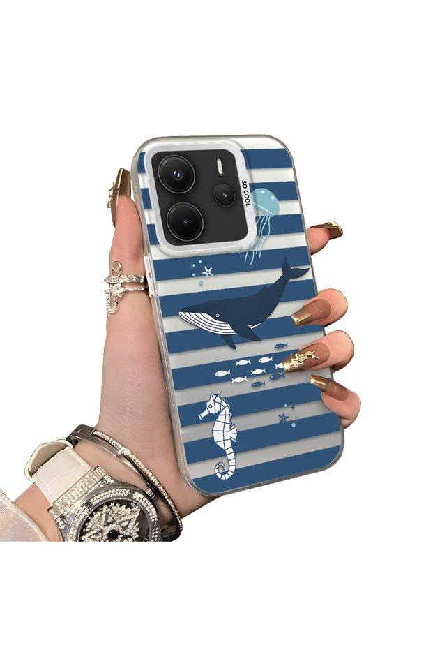 Xiaomi Redmi Note 14 4g Compatible Sea Creatures Whale Horse Seahorse Patterned Case Acrylic Back Cover Silicone Edge