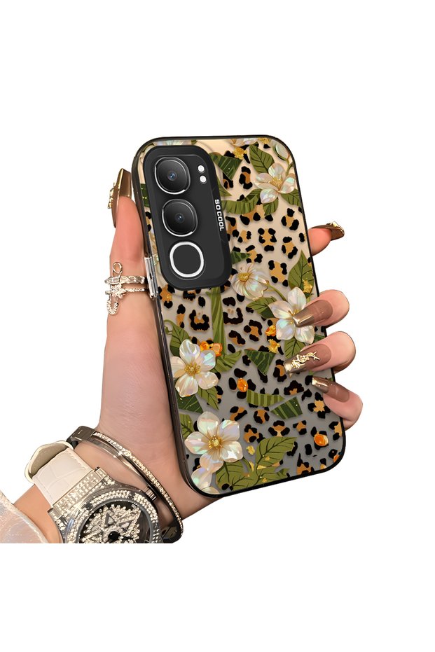 Vivo Y29 5g(V2420) Compatible Aesthetic Flower-Leopard Pattern Case Acrylic Hard Back Silicone Edge