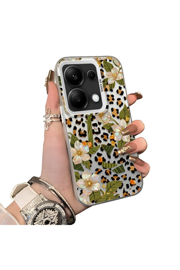 Xiaomi Redmi Note 13 Pro 4g Compatible Aesthetic Floral-Leopard Pattern Case Acrylic Hard Back Silicone Edge