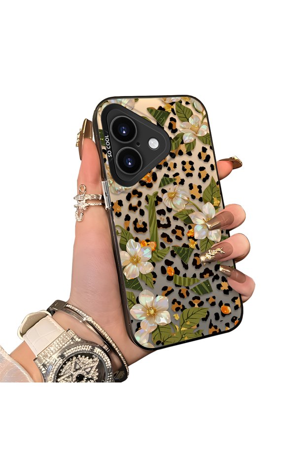 حافظة لهاتف iPhone 16 متوافقة مع نمط الزهور والفهد، مصنوعة من الأكريليك الصلب وحافة من السيليكون