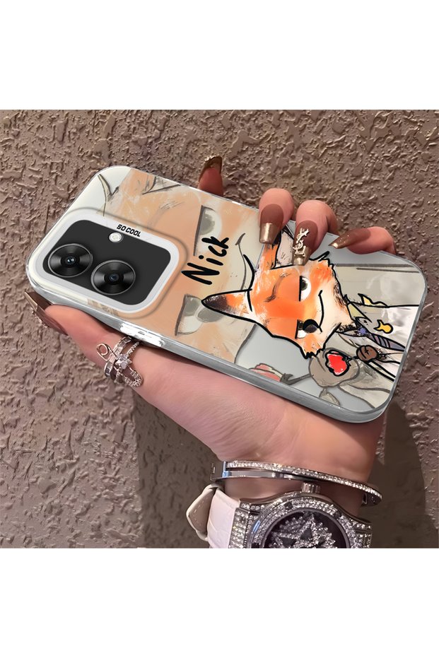 Realme Note 60 Compatible Cartoon Fox Nick Patterned Case Acrylic Hard Back Silicone Edge