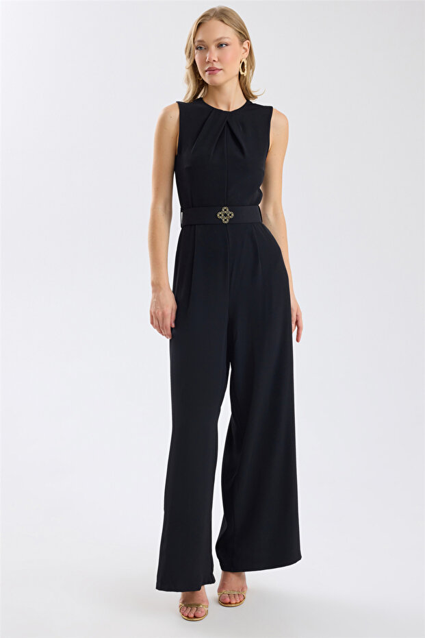 Pleated Collar Belted Logo Jumpsuit