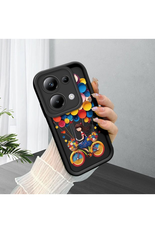 Poco M6 Pro 4g Compatible Black Silicone Bicycle Girl Balloon Pattern Camera Protected Shock Absorbing Protective Case