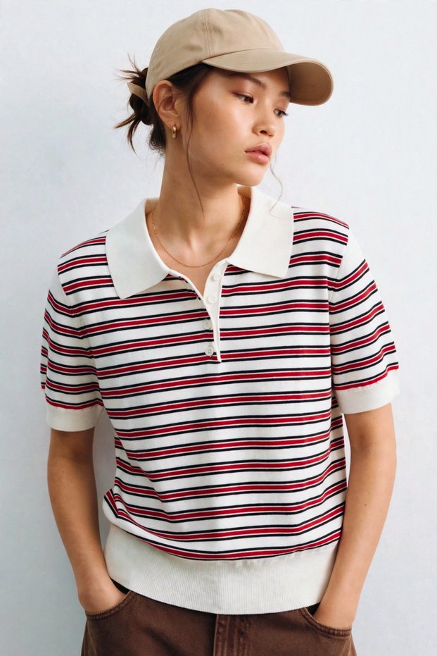 Women's polo collar striped short sleeve sweater - white/red