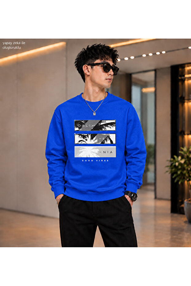 Men's California Good Vibes Palm Tree Printed Crew Neck Casual Regular Fit Sweatshirt