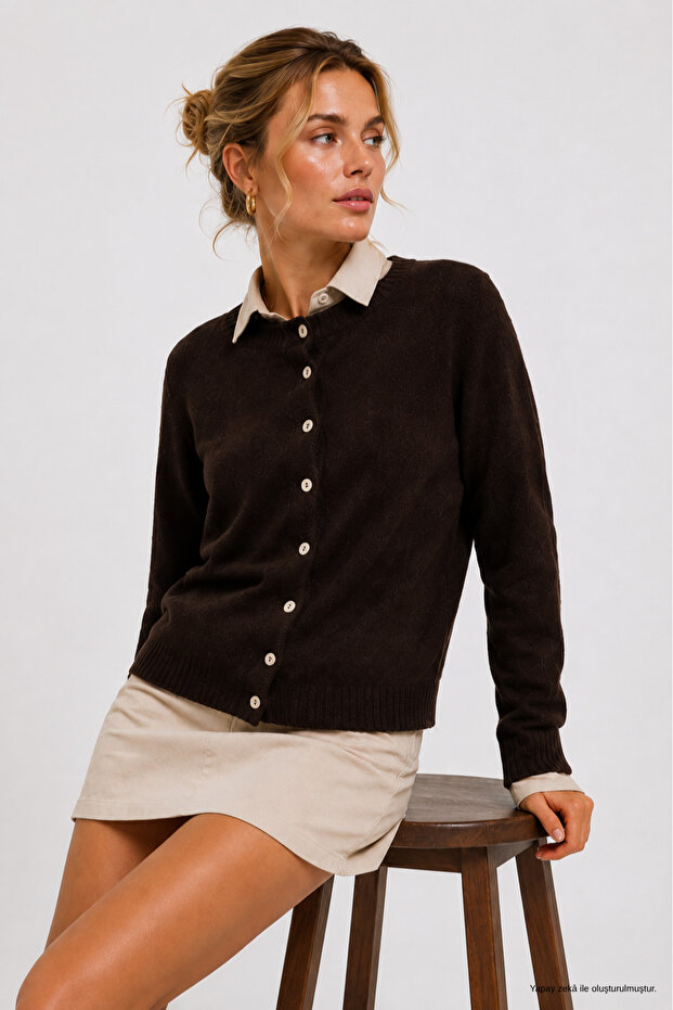 Women's Brown Soft Textured Buttoned Knit Sweater