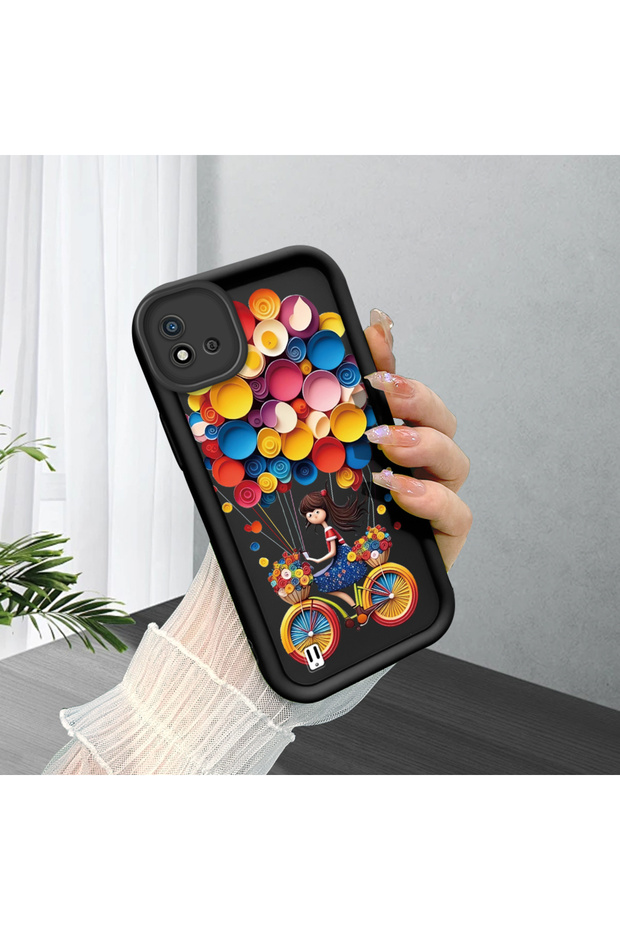 Realme C20/C20A Compatible Black Silicone Bicycle Girl Balloon Pattern Camera Protected Shock Absorbing Protective Case