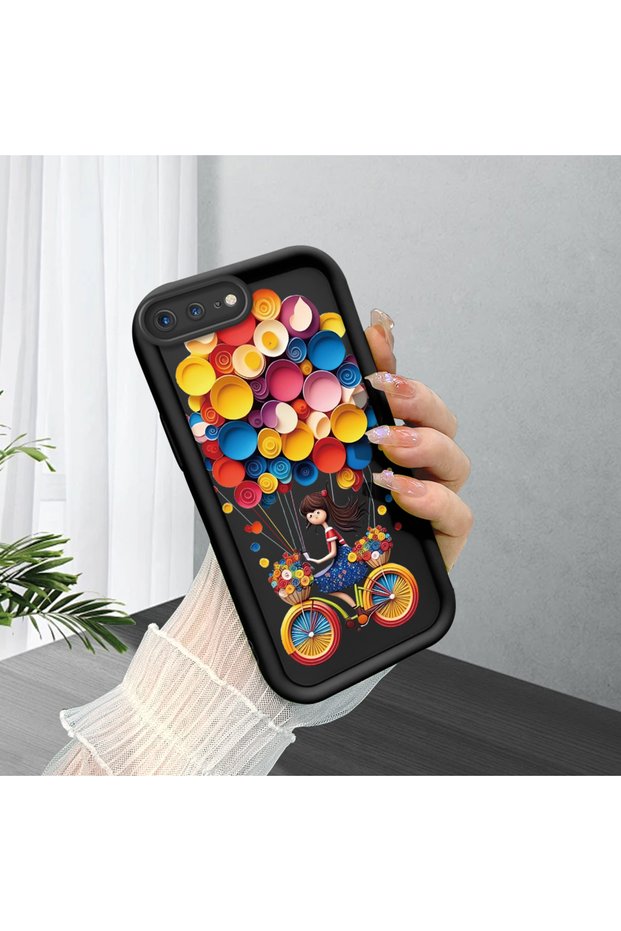 iPhone 7 Plus/8 Plus Compatible Black Silicone Bicycle Girl Balloon Pattern Shock-Absorbing Protective Case with Camera Protection