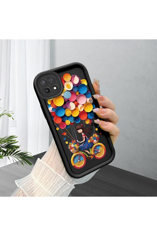 Oppo A15/A15S Compatible Black Silicone Bicycle Girl Balloon Pattern Camera Protected Shock Absorbing Protective Case