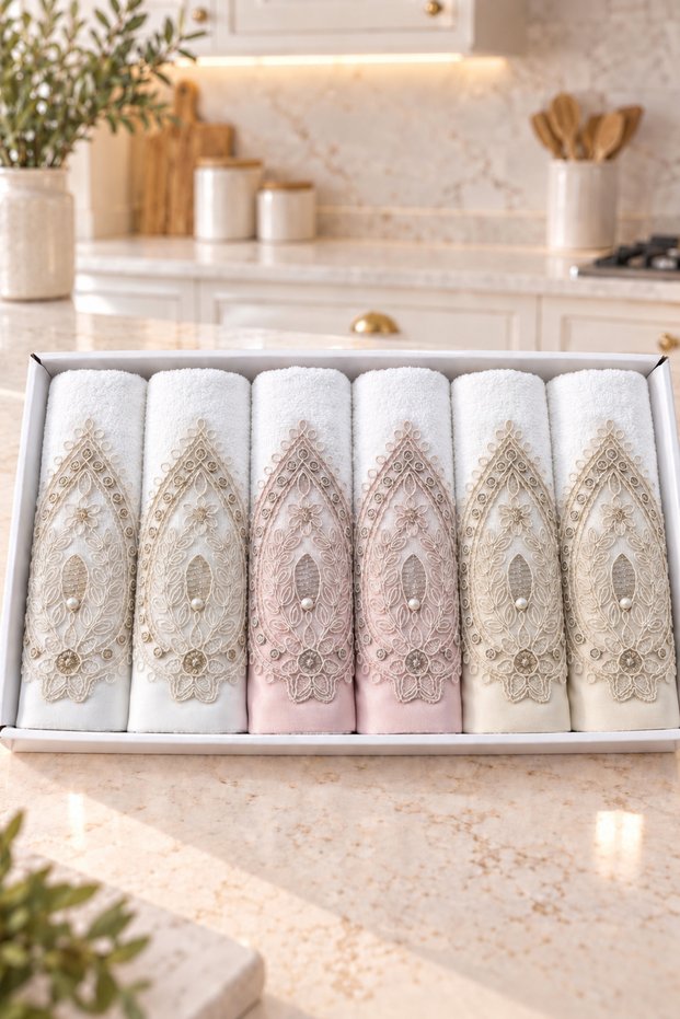 Pearl Laced Embroidered Gift Dowry Box for Bride and Groom, Boxed 100% Cotton Kitchen Towel Set, Tulip Model 30×50 Size, 6 Pieces