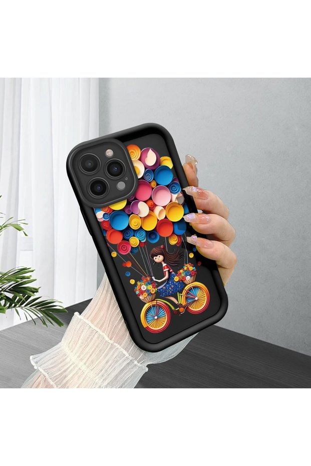 iPhone 14 Pro Max Compatible Black Silicone Bicycle Girl Balloon Pattern Shock-Absorbing Protective Case with Camera Protection