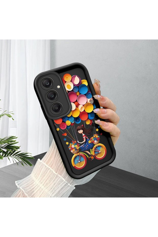Samsung Galaxy A24 Compatible Black Silicone Bicycle Girl Balloon Pattern Shock-Absorbing Protective Case with Camera Protection