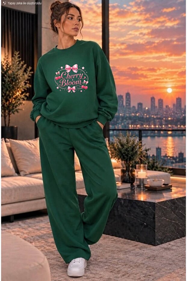 Women's Cherry Bloom Cherry and Ribbon Printed Crew Neck Regular Fit Women's Tracksuit Set