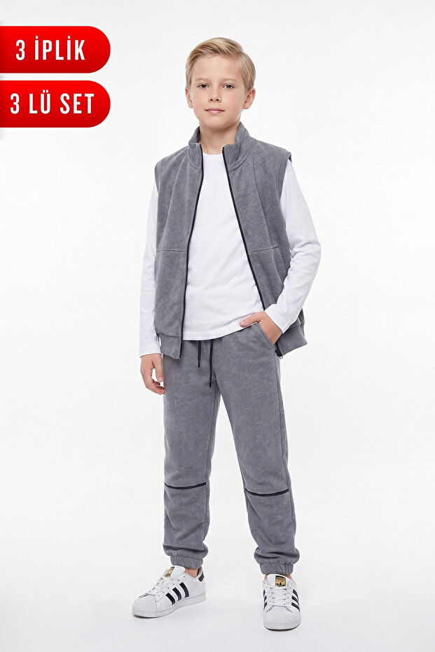 Boy's 3 Threaded Collar Vest, Striped Sweatpants, Long Sleeve Single Jersey 3-Piece Set