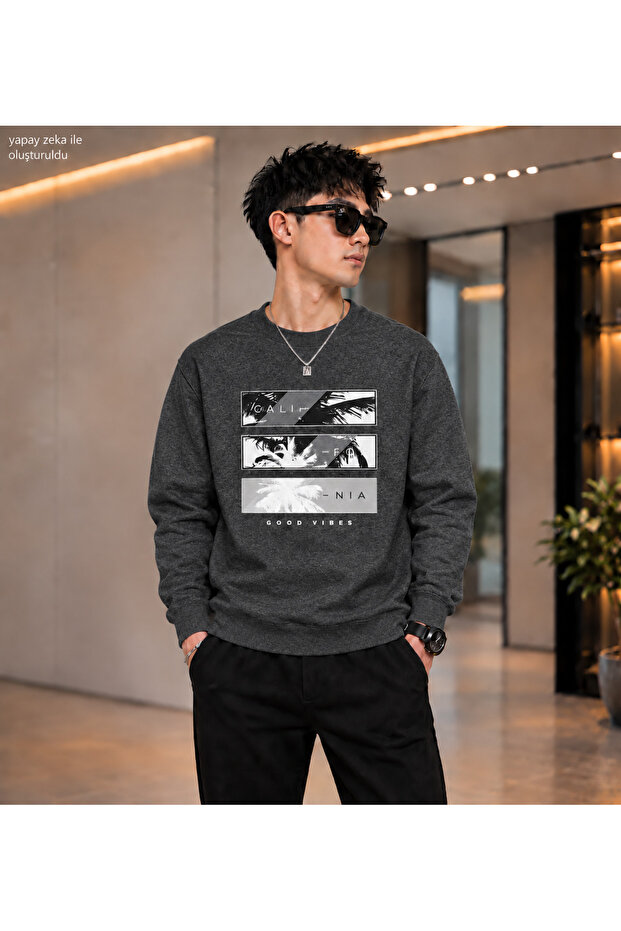 Men's California Good Vibes Palm Tree Printed Crew Neck Casual Regular Fit Sweatshirt