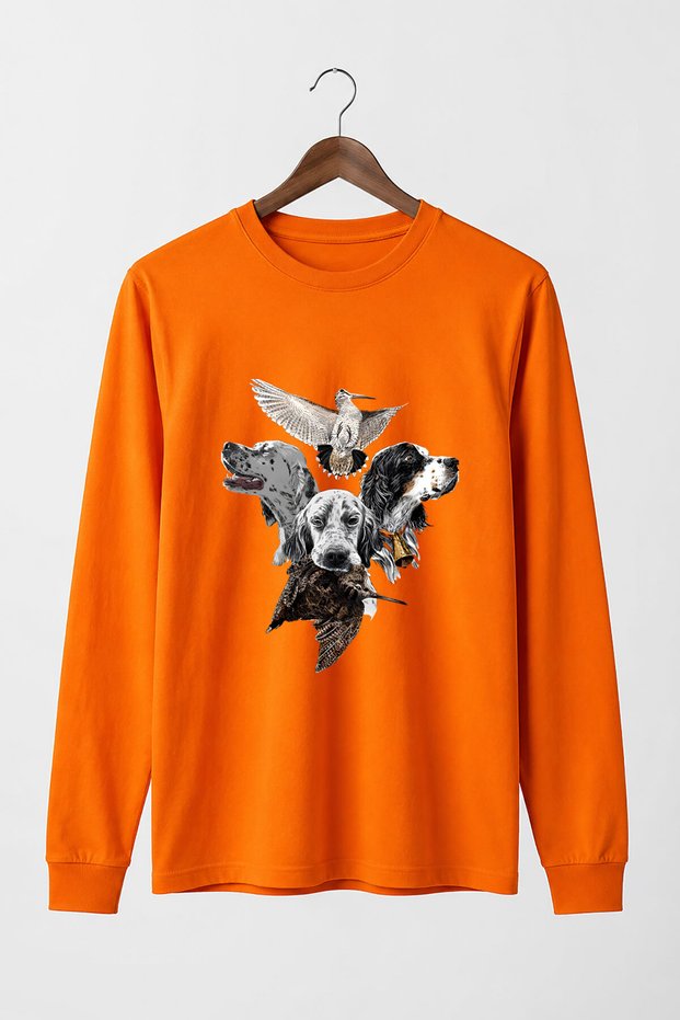 Hunting English Setter Pointer Hunting Dog and Retriever Printed Crew Neck Long Sleeve 24/1 T-Shirt