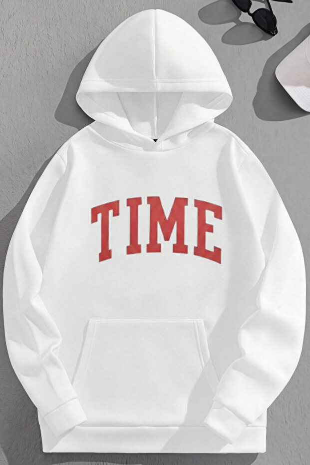 Unisex 3 Thread Cotton White Time Print Loose Fit Sweatshirt Hoodie